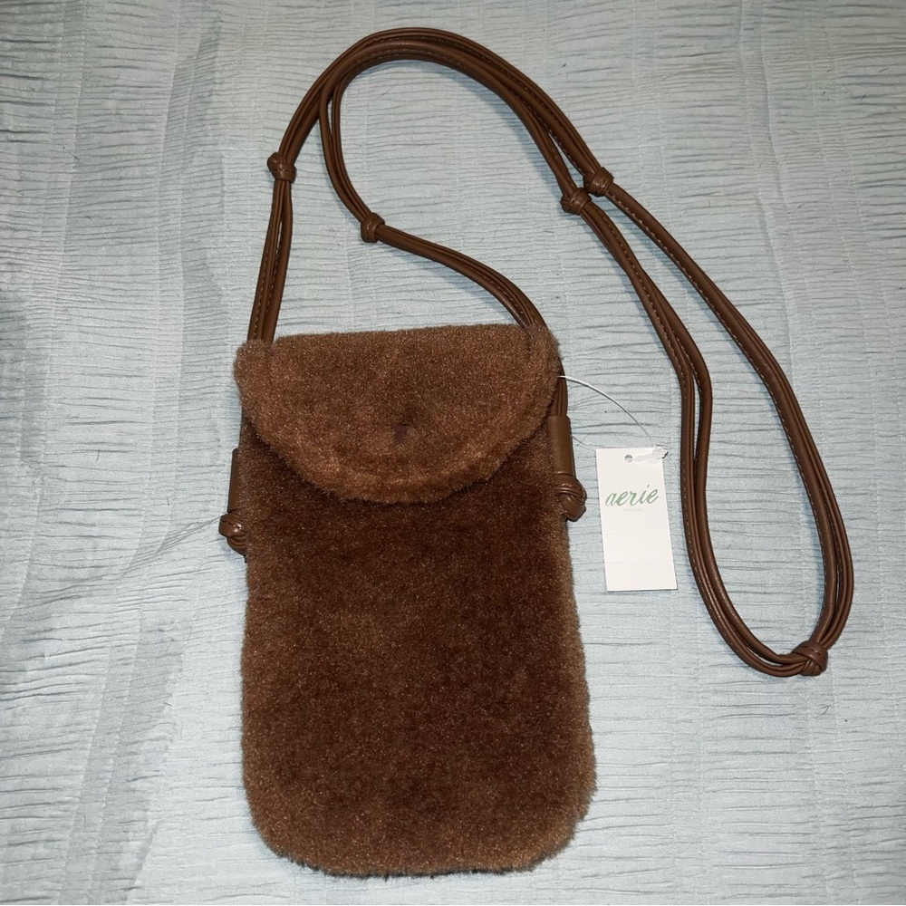 NWT Aerie Brown Faux Fur Crossbody Phone Pouch